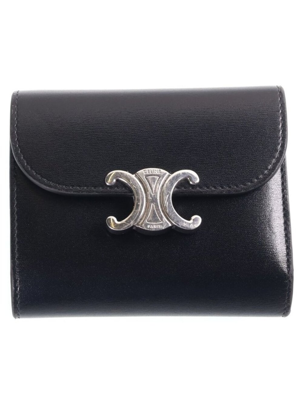Celine Triomphe Trifold Wallet Compact Coin Purse Black Silver